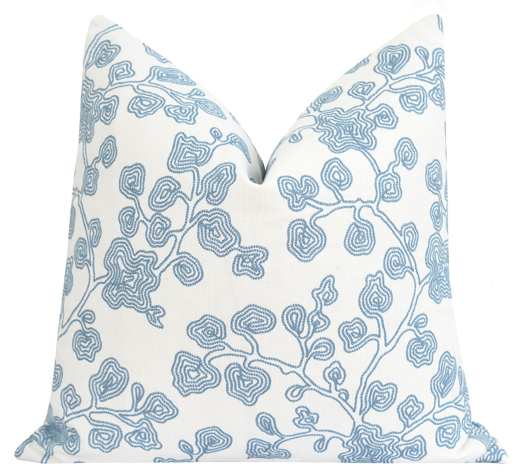 Carole Blue Embroidered Floral Pillow - Land of Pillows