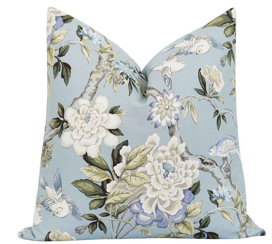 Madison Chambray Floral Bird Toile Pillow Land of Pillows